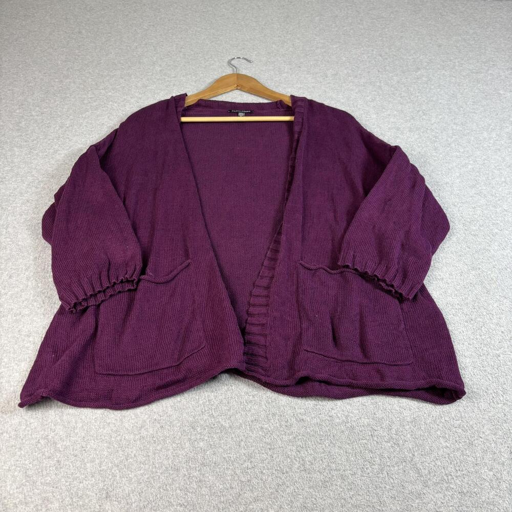 Eileen Fisher Sweater Women Large Purple Cardigan Open Pockets Lagenlook Boho